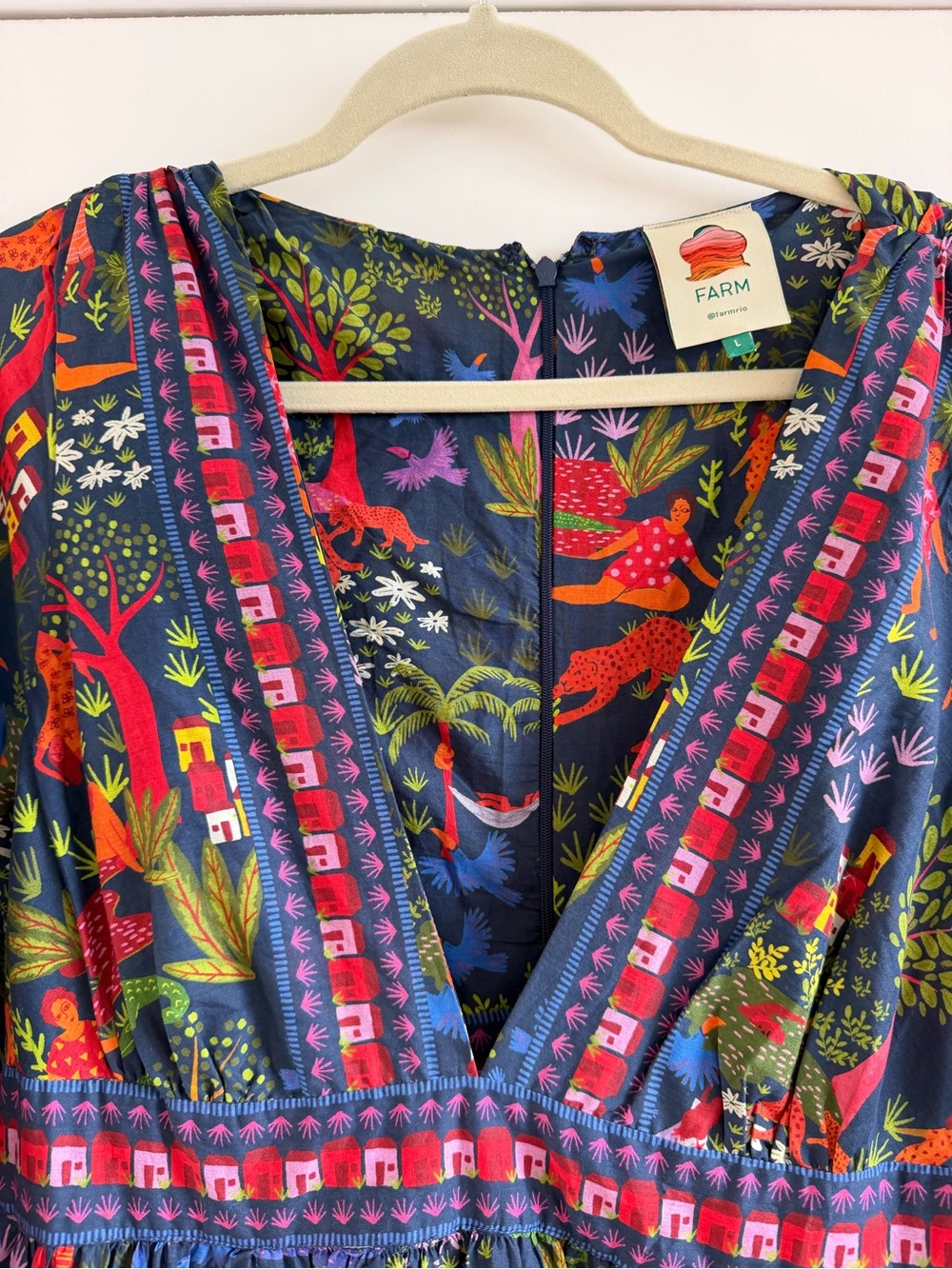 Farm Rio Utopia Puff Sleeve Tropical Midi Tier Dress - Picture 3 of 6